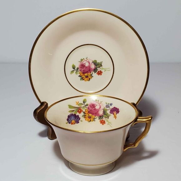 Syracuse China Teacup and Saucer Pink Blue Yellow Flowers Vintage - Picture 6 of 6